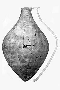 Eine Profilzeichnung des Gefäßes mit einmontiertem Foto. Aus: H.Prümers, Excavaciones archeológicas en Pailón. In: Beiträge zur Allgemeinen und Vergleichenden Archäologie Bd. 22, 2002, 171.