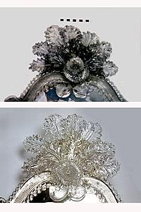 Detailfoto der obersten Blattrosette vor (oben) und nach (unten) der Reinigung und Ergänzung.