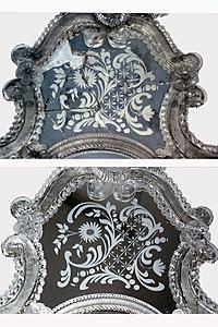 Detailfoto der oberen Spiegelscheibe vor (oben) und nach (unten) der Rekonstruktion.